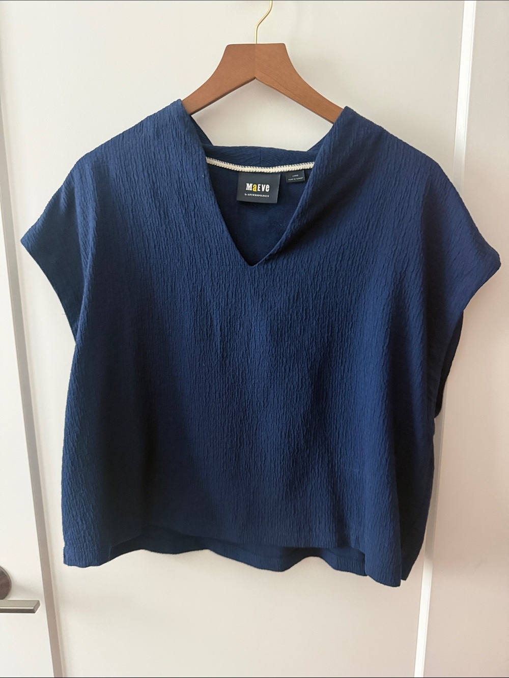 Maeve Textured Navy V-Neck Boxy Short Sleeve Top